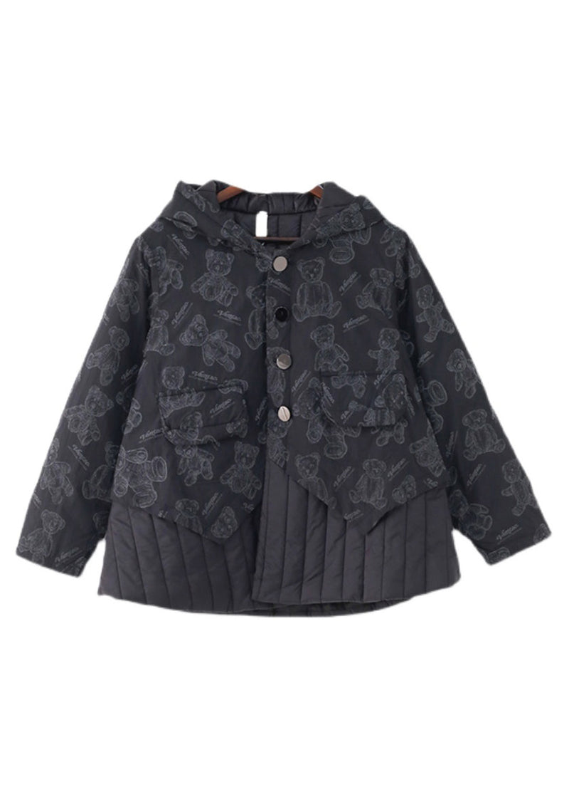 Black Button Patchwork Print Pockets Hooded Parka Long Sleeve
