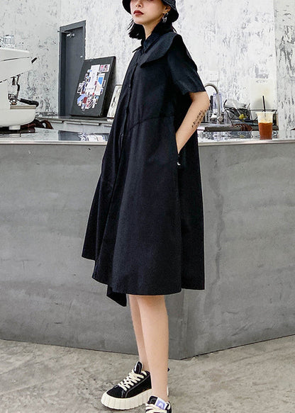 Black Button Peter Pan Collar Asymmetrical Design Party Dress Short Sleeve