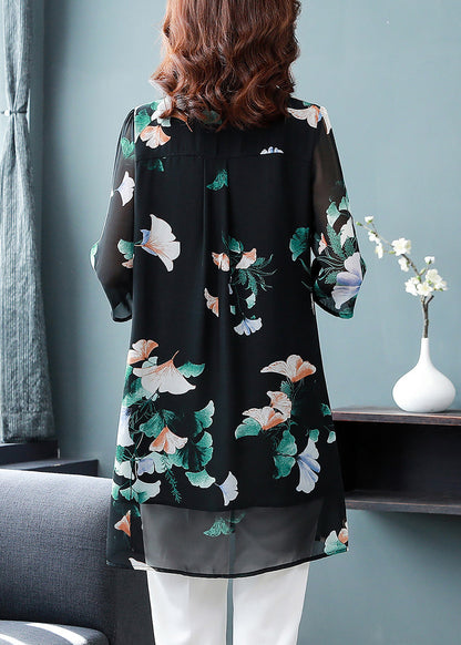 Black Button Peter Pan Collar Print Long Chiffon Shirt Tops Half Sleeve