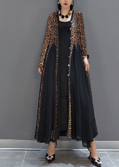 Black Button V Neck Patchwork Leopard Chiffon Maxi Dress Spring