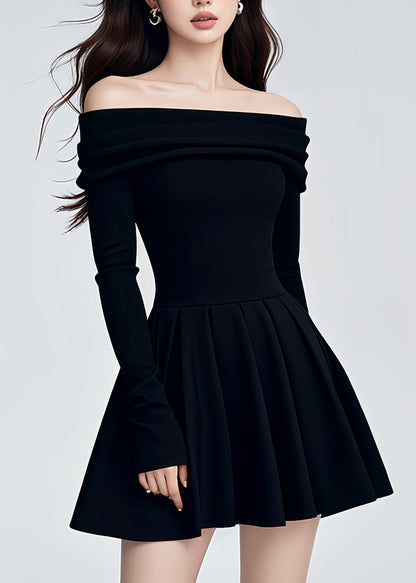 Black Cold Shoulder Knit a Line Mid Dresses Spring