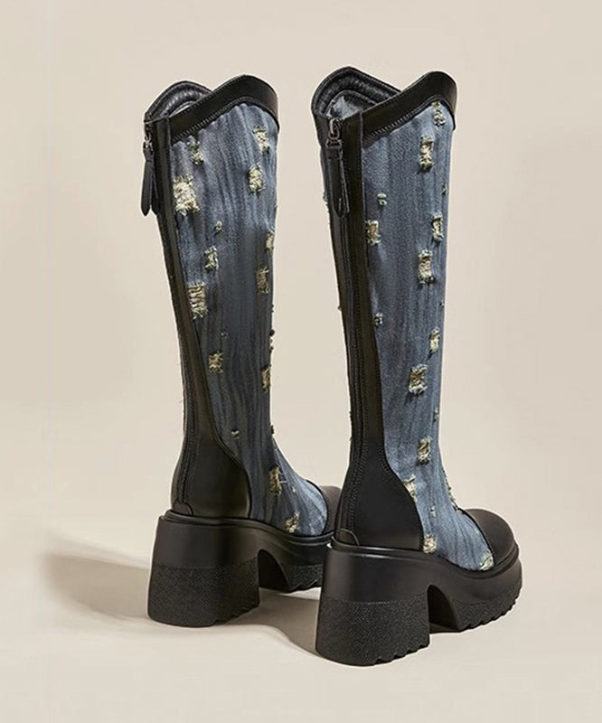 Black Cotton Zipper Splicing Hollow Out Chunky Cowboy Boots