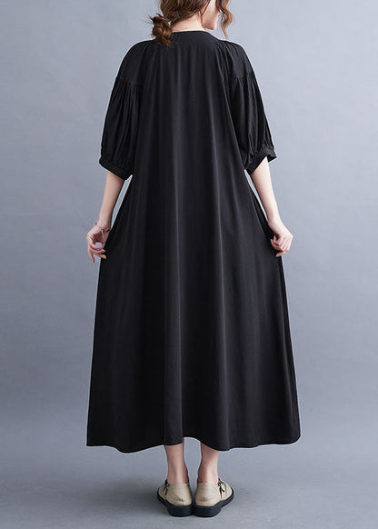 Black Embroideried Lace Up Cotton Maxi Dress Summer