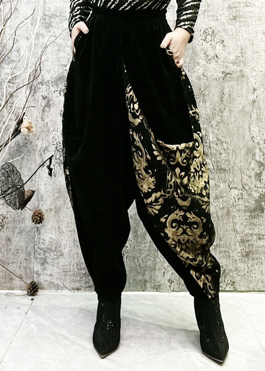 Black Embroideried Pockets Patchwork Corduroy Lantern Pants Spring