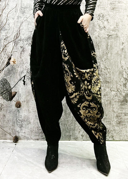 Black Embroideried Pockets Patchwork Corduroy Lantern Pants Spring
