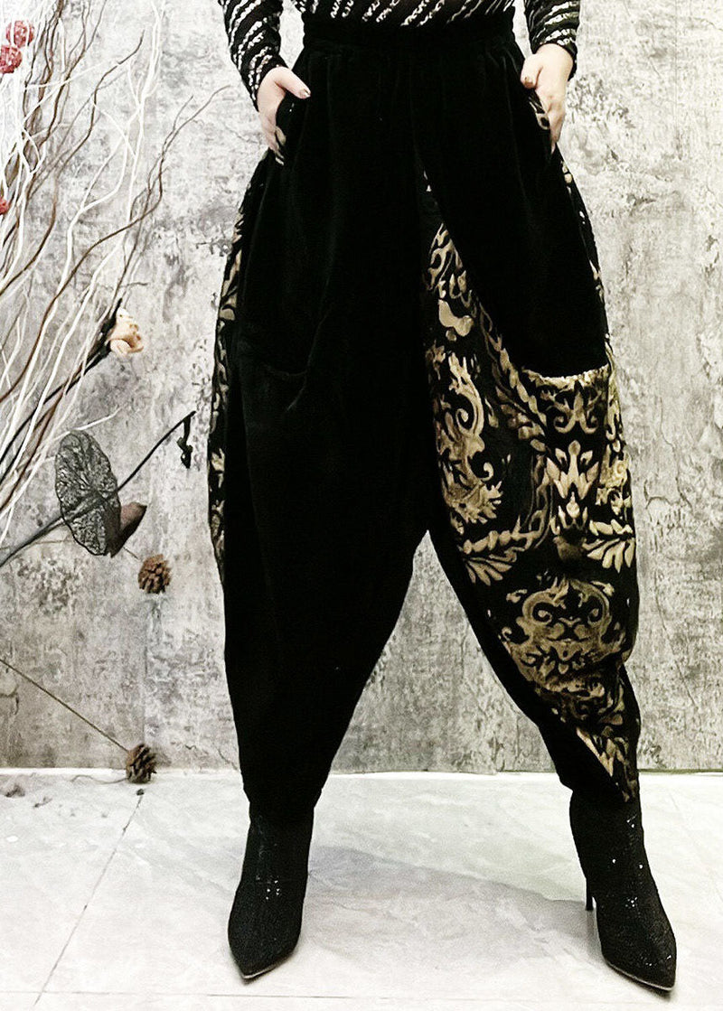 Black Embroideried Pockets Patchwork Corduroy Lantern Pants Spring