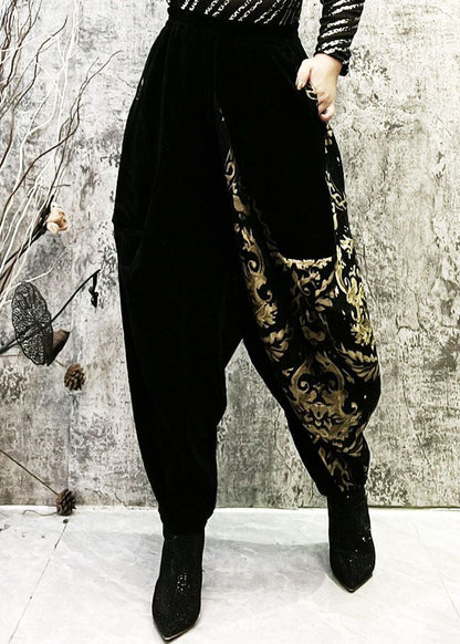 Black Embroideried Pockets Patchwork Corduroy Lantern Pants Spring