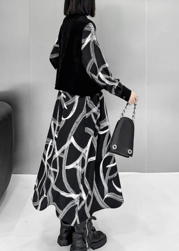 Black False Two Pieces Patchwork Cotton Dresses Spring