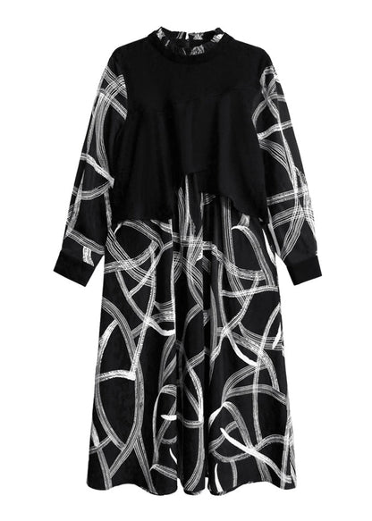 Black False Two Pieces Patchwork Cotton Dresses Spring