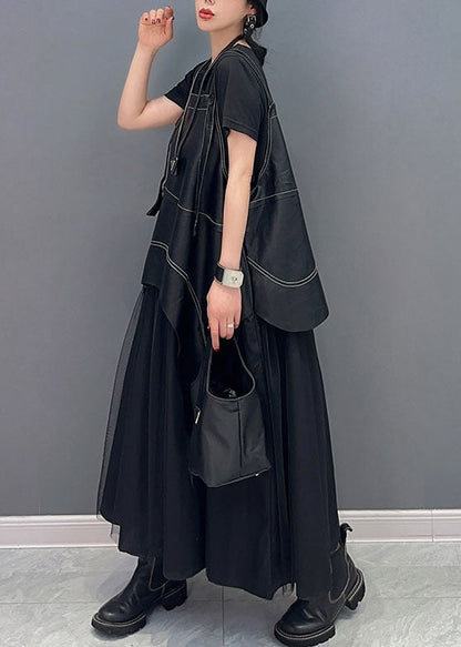 Black Faux Leather Asymmetrical Patchwork Tulle Dresses Summer