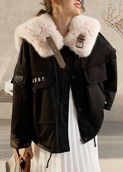 Black Fox Collar Zip Up Fine Cotton Filled Puffers Jackets Winter