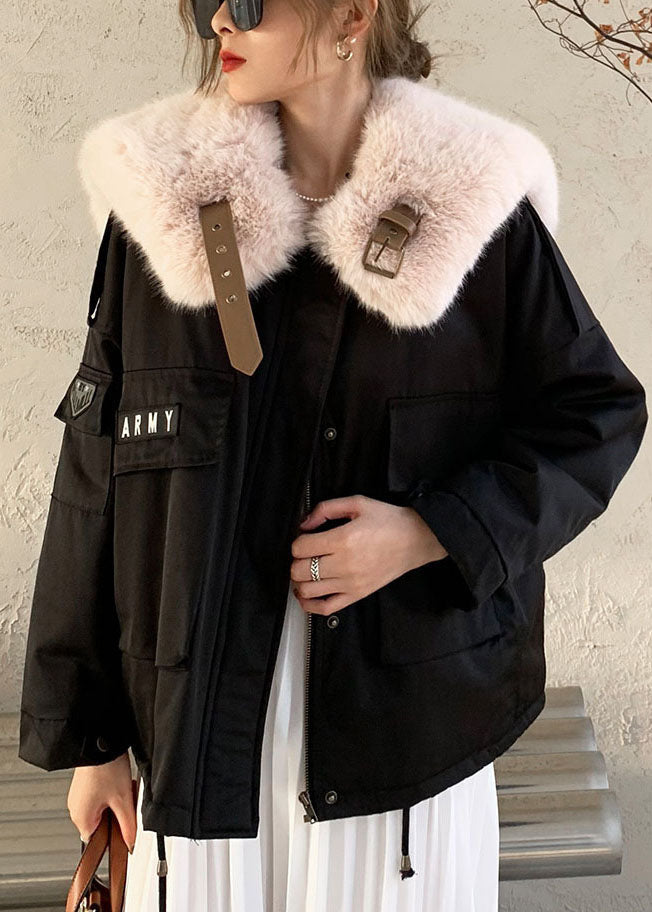 Black Fox Collar Zip Up Fine Cotton Filled Puffers Jackets Winter