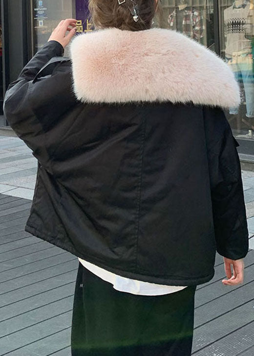 Black Fox Collar Zip Up Fine Cotton Filled Puffers Jackets Winter