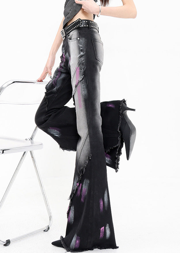 Black Graffiti Ruffled Patchwork Denim Flared Trousers Fall
