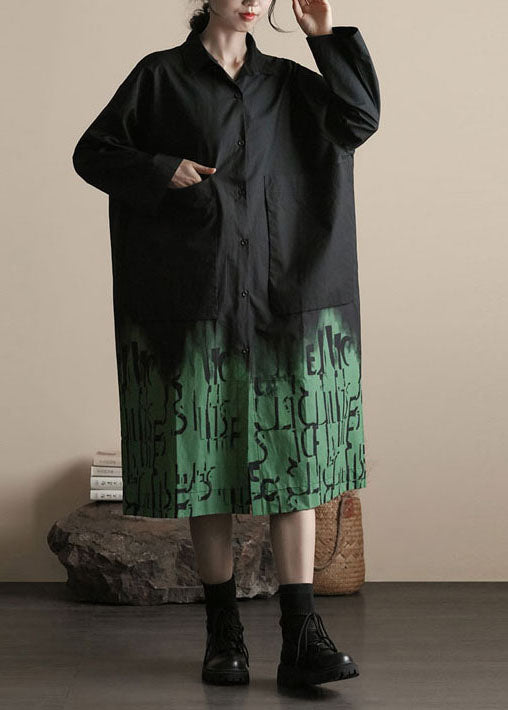 Black Green Peter Pan Collar Print Cotton Shirts Coat Spring