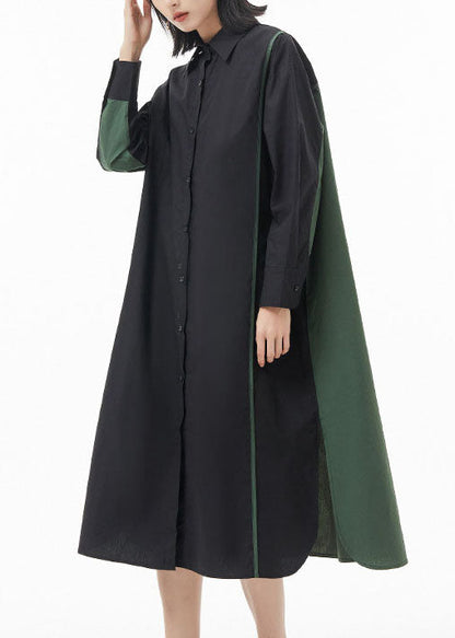 Black Green Peter Pan Collar Button Side Open Patchwork Shirt Dress Spring