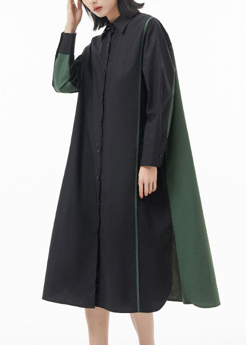 Black Green Peter Pan Collar Button Side Open Patchwork Shirt Dress Spring