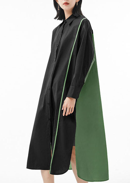 Black Green Peter Pan Collar Button Side Open Patchwork Shirt Dress Spring
