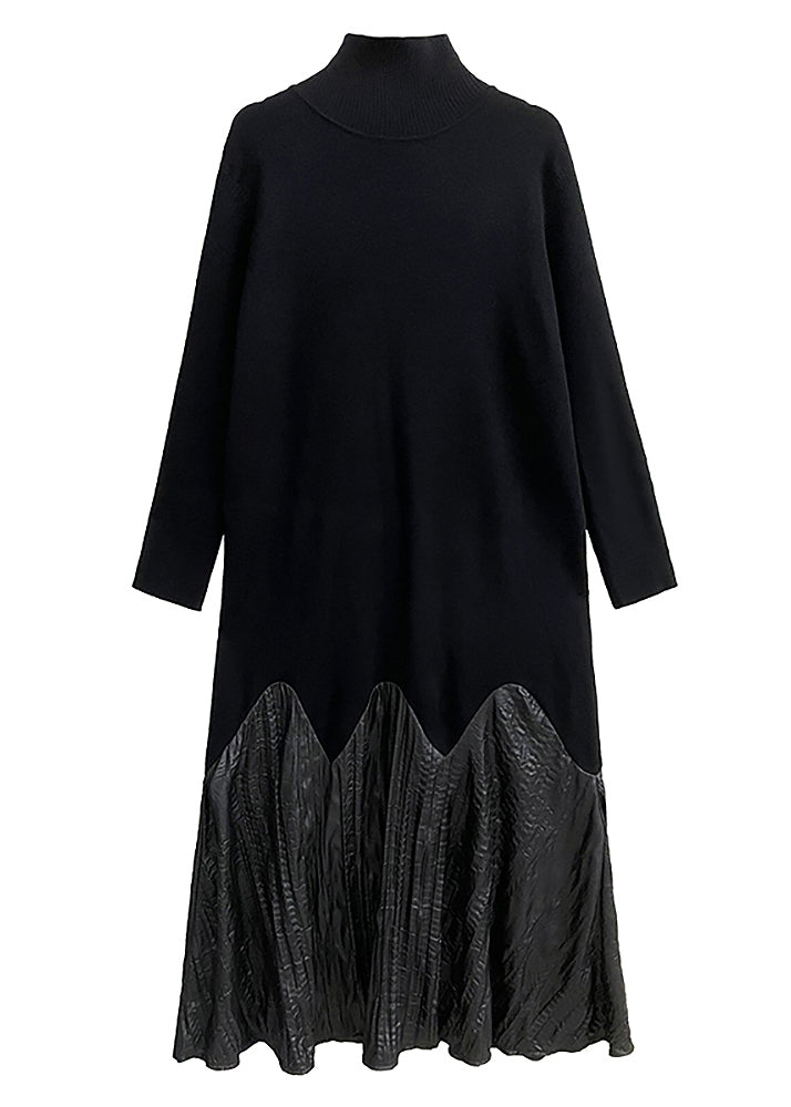 Black High Neck Patchwork Knit Long Dresses Spring