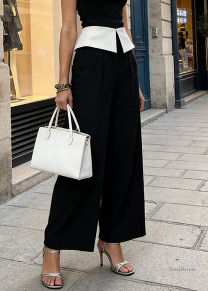 Black High Waist Patchwork Spandex Wide Leg Pants Spring