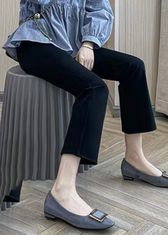 Black High Waist Pockets Ice Silk Crop Flared Trousers