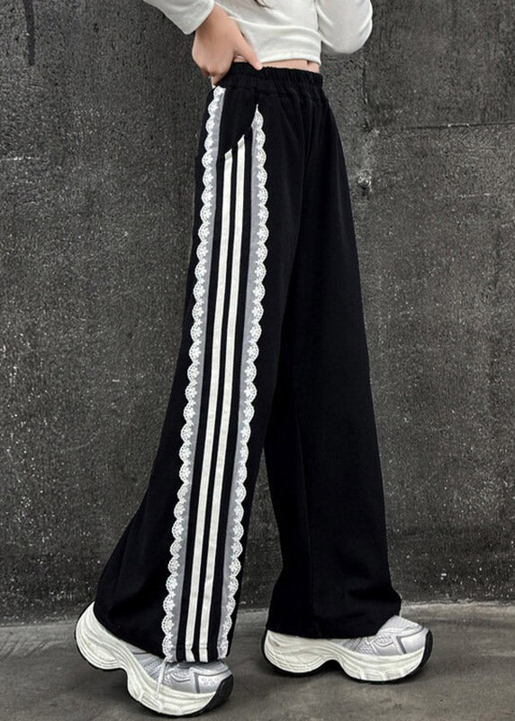 Black High Waist Pockets Kids Wide Leg Pants Spring