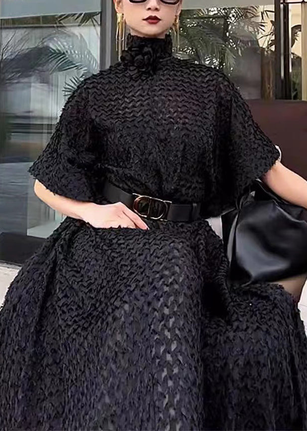 Black Hign Neck Tie Waist Cotton Dresses Spring