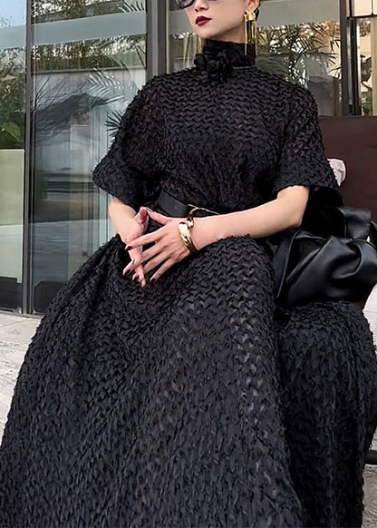 Black Hign Neck Tie Waist Cotton Dresses Spring