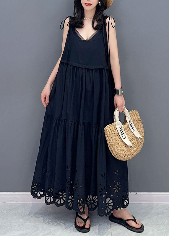Black Hollow Out Lace Up Patchwork Cotton Dresses Sleeveless