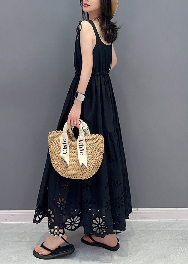 Black Hollow Out Lace Up Patchwork Cotton Dresses Sleeveless
