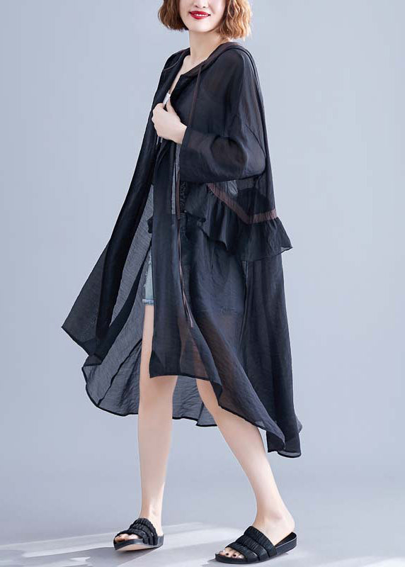 Black Hooded Cinched Ruffles Cotton Cardigan Summer