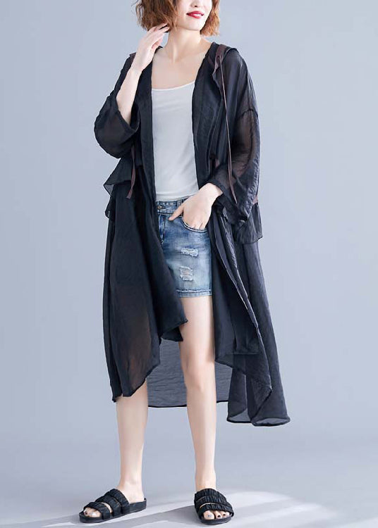 Black Hooded Cinched Ruffles Cotton Cardigan Summer