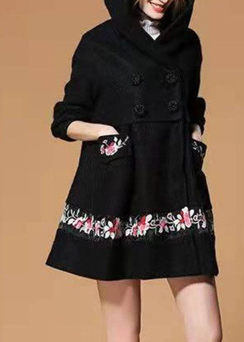 Black Hooded Embroideried Woolen Winter Coat