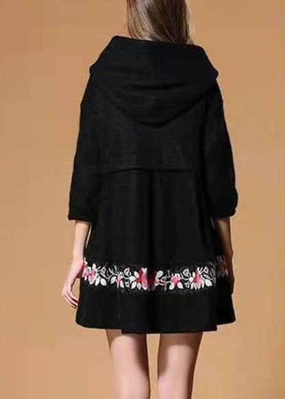 Black Hooded Embroideried Woolen Winter Coat