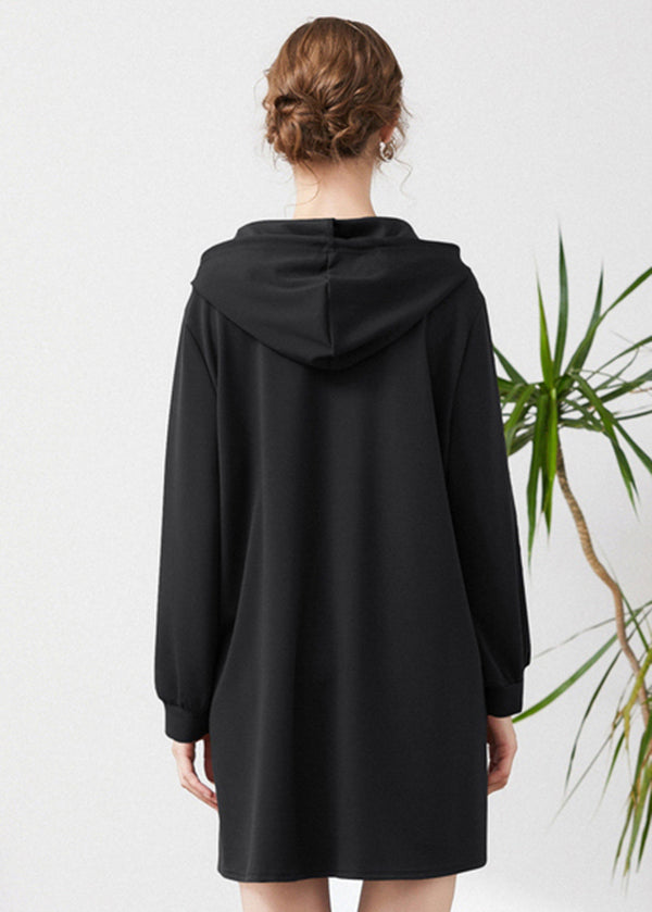 Black Hooded Print Cotton Sweatshirts Dress Spring