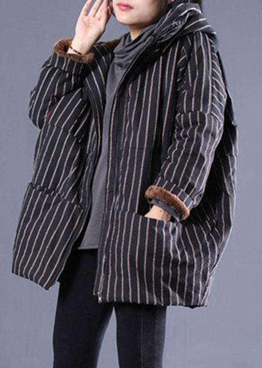Black Hooded Striped Fine Cotton Filled Puffer Jacket Winter