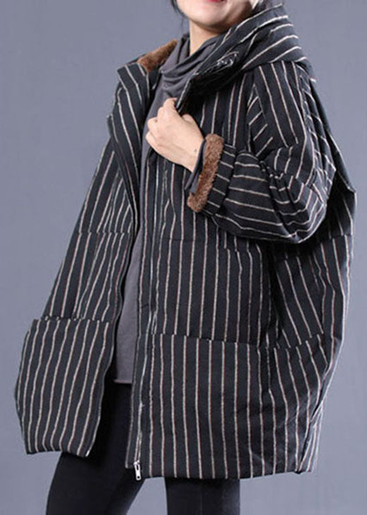 Black Hooded Striped Fine Cotton Filled Puffer Jacket Winter