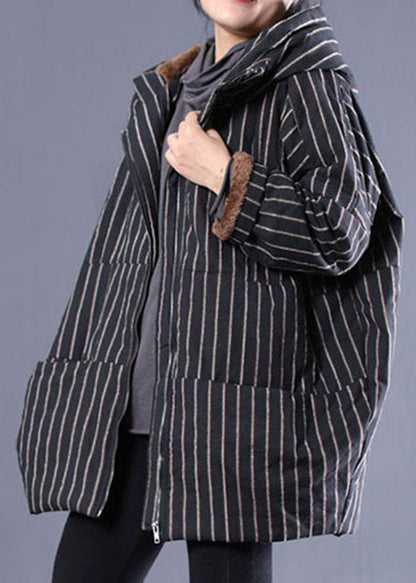 Black Hooded Striped Fine Cotton Filled Puffer Jacket Winter