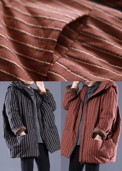 Black Hooded Striped Fine Cotton Filled Puffer Jacket Winter