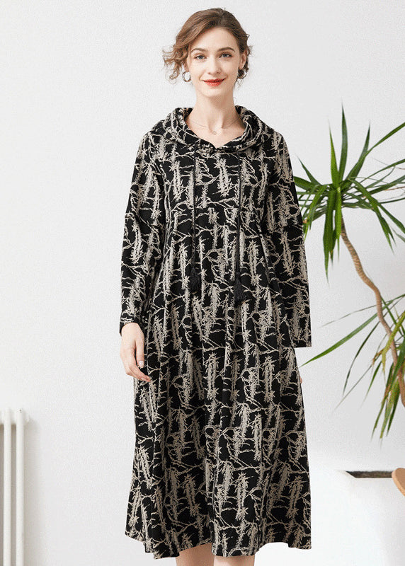 Black Hooded Tie Dye Cashmere Long Dresses Spring