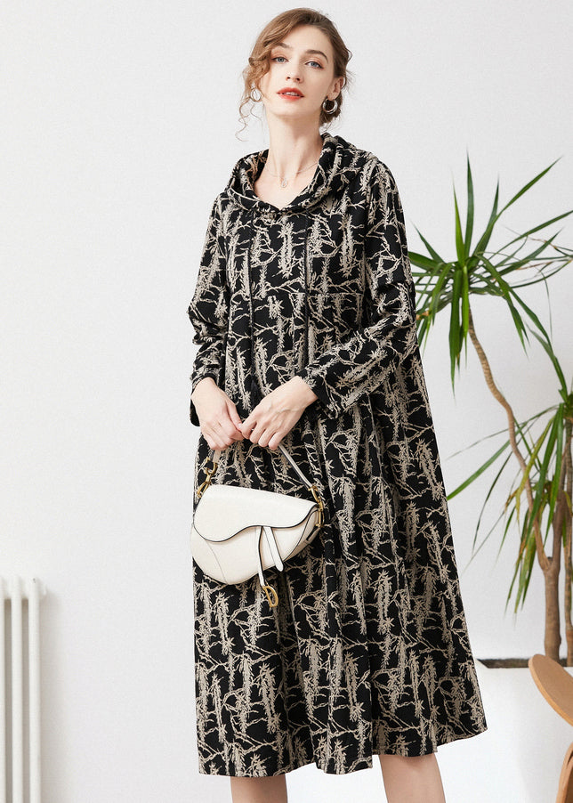 Black Hooded Tie Dye Cashmere Long Dresses Spring