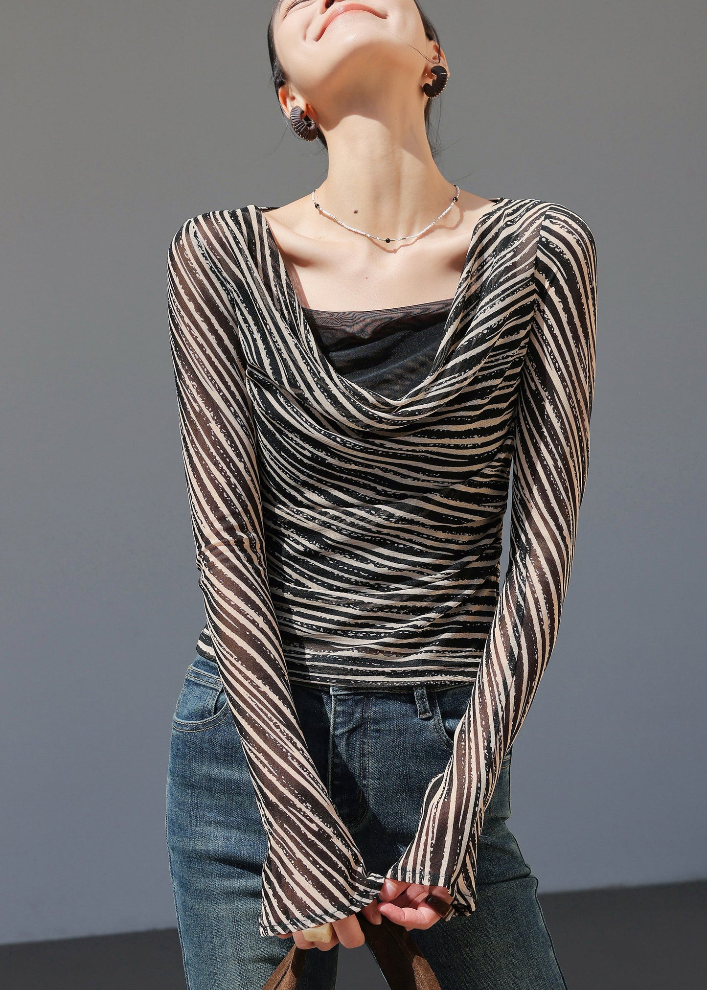 Fashion Black Khaki Striped Draped Neckline Top Spring