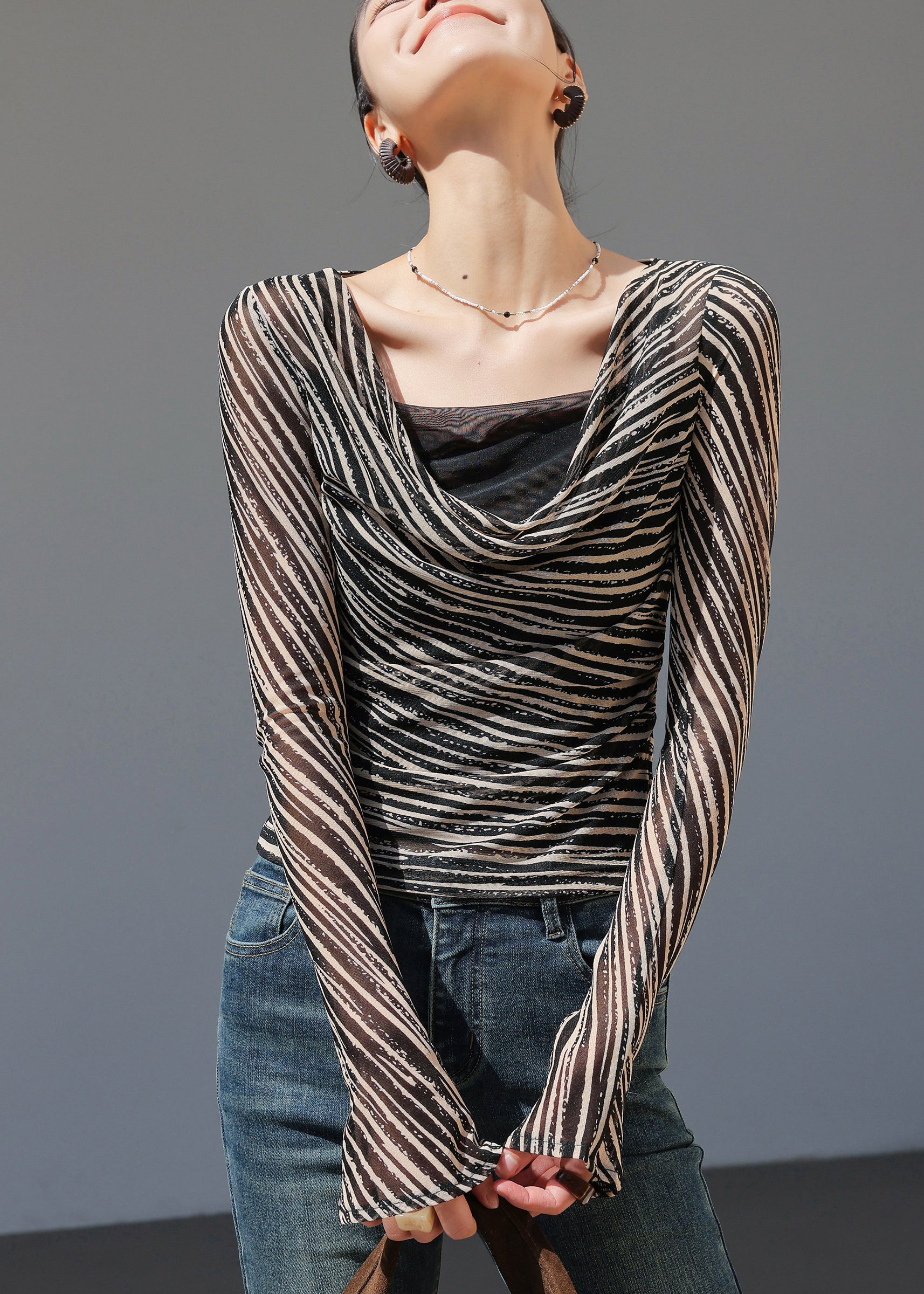Fashion Black Khaki Striped Draped Neckline Top Spring