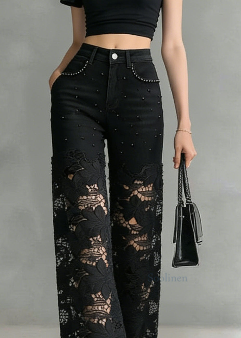Black Lace Hollow Out Nail Bead Denim Pants Summer