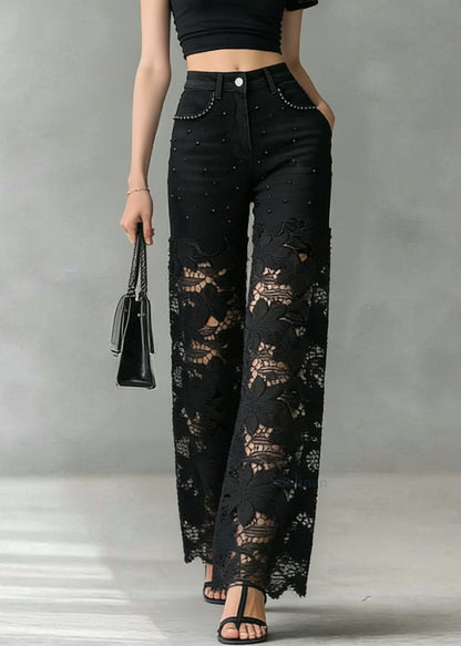 Black Lace Hollow Out Nail Bead Denim Pants Summer