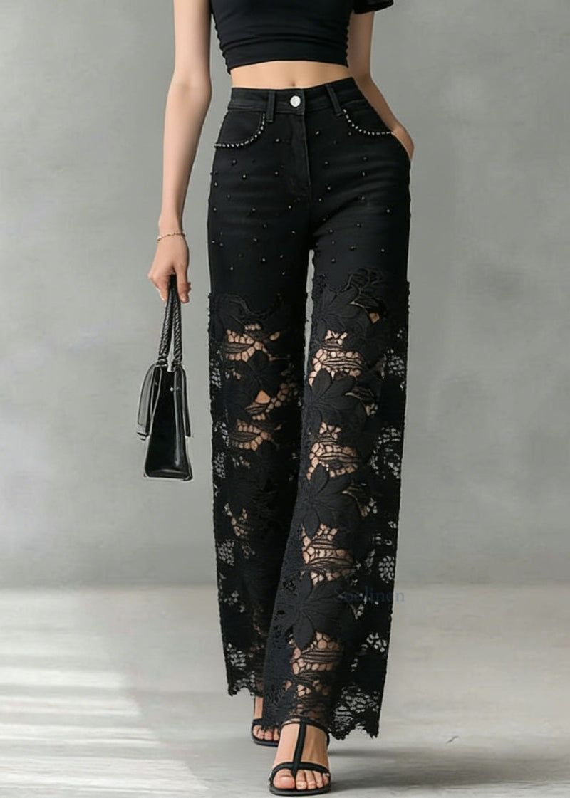 Black Lace Hollow Out Nail Bead Denim Pants Summer