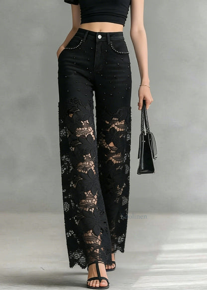 Black Lace Hollow Out Nail Bead Denim Pants Summer
