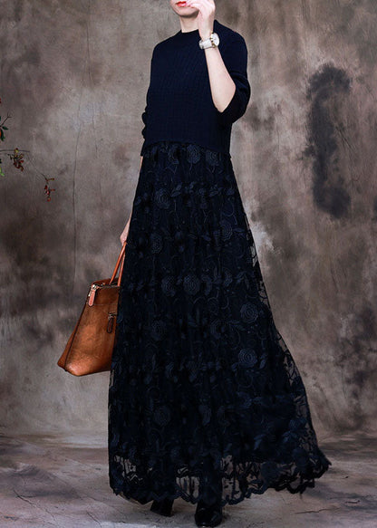Black Lace Patchwork Knit Knitted Dress Winter