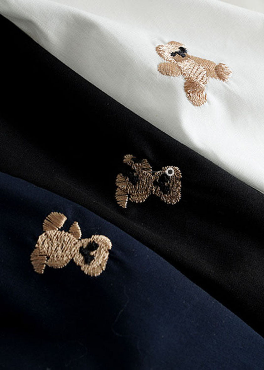 Black Little Bear Embroidered Zippered Cotton Coat Long Sleeve