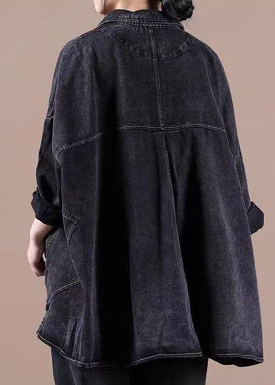Black Loose Button Patchwork Asymmetrical Design Fall Denim Long Sleeve Blouse Tops